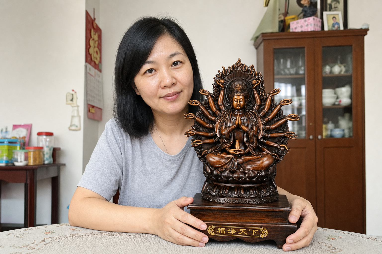 A woman presenting the Thousand-Hand Guanyin statue