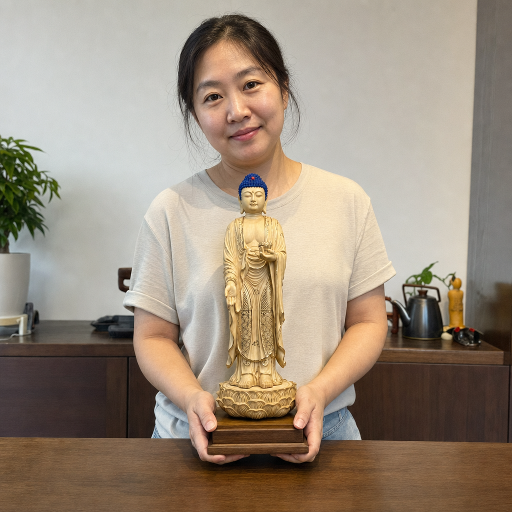 马来西亚家中供奉的桧木阿弥陀佛立像，高38厘米