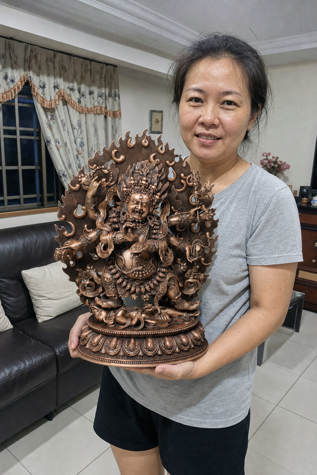 Six-Arm Mahakala Copper Buddha Statue – Protection & Courage 40 cm lifestyle image in a Chinese Australian home