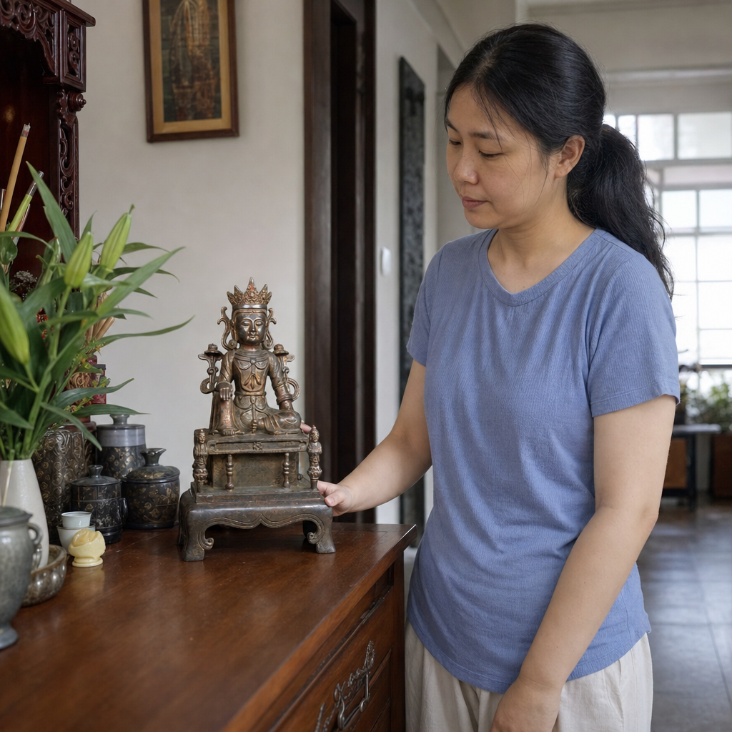 Pure copper Guanyin statue on open throne in a Chinese Australian home 26 cm