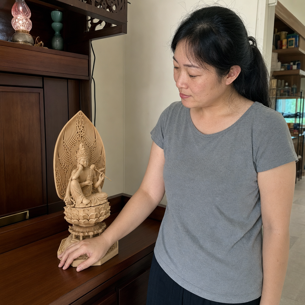 马来西亚华人家庭中的 30 cm 实木六臂如意观音像