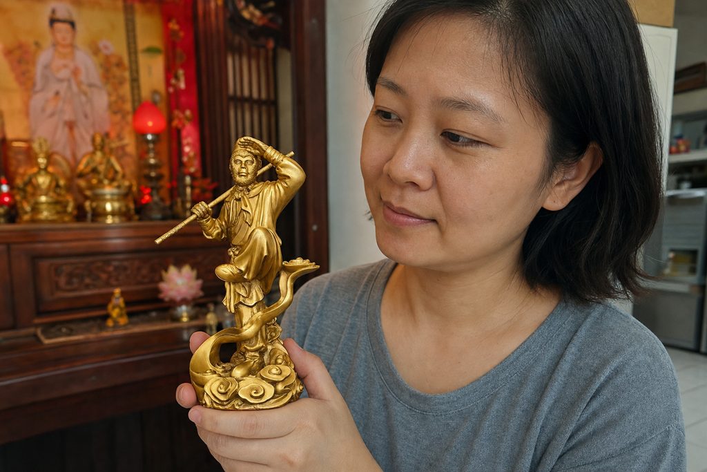 Qitian Dasheng Sun Wukong statue held by a Chinese Australian woman