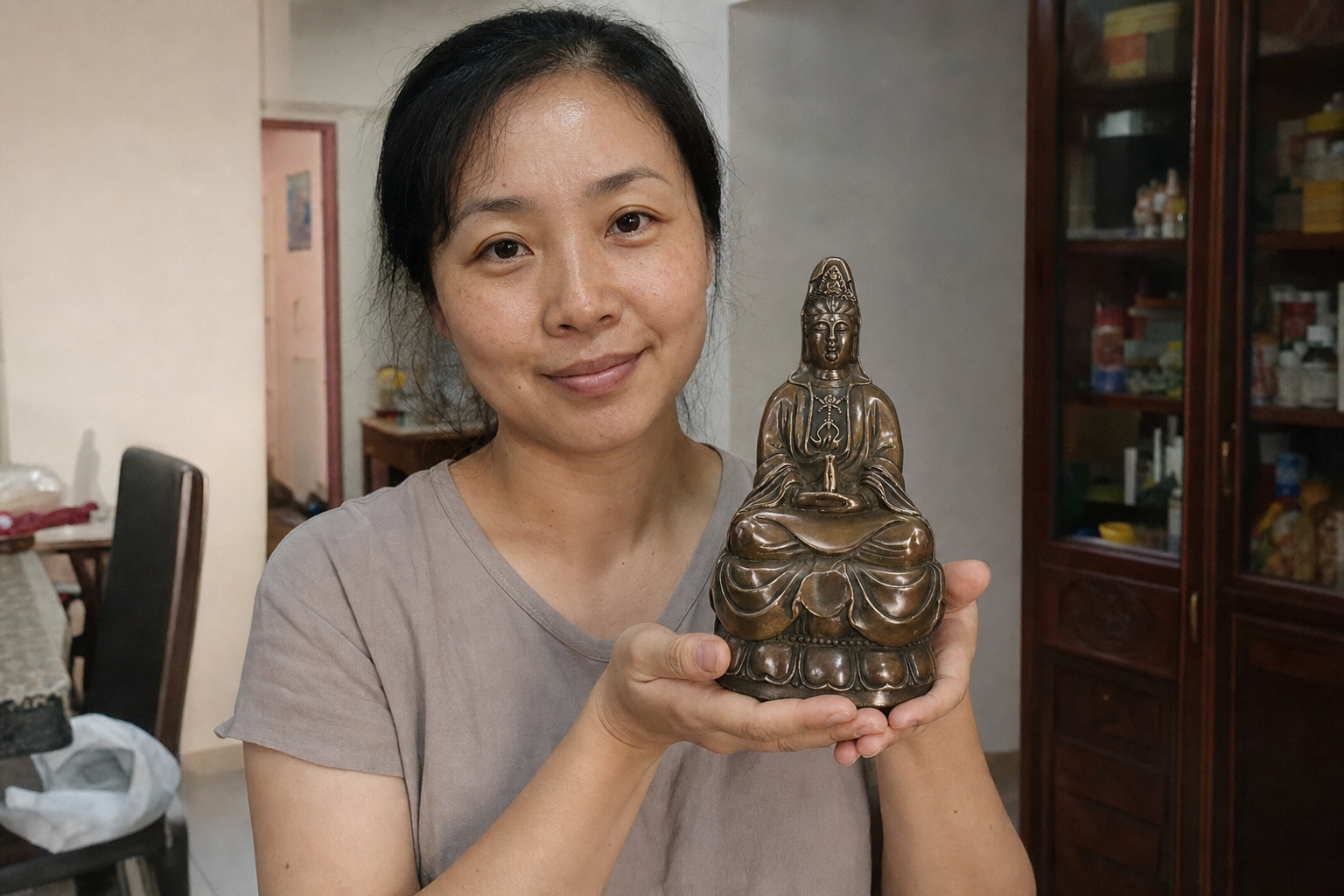 A Australian woman holding the Guanyin Bodhisattva statue