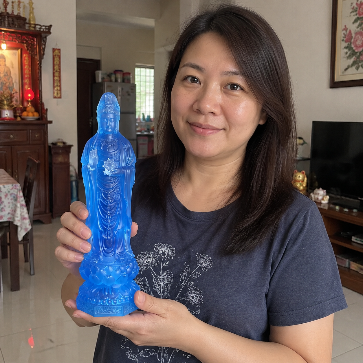 Blue Guanyin 观音菩萨 statue in a home setting
