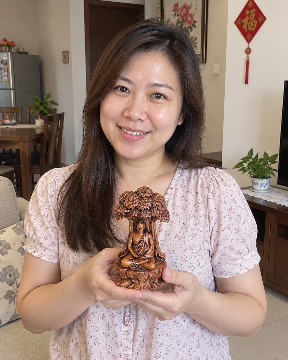 马来西亚家庭中的如来佛 (Ru Lai Buddha) 树下黄杨木佛像