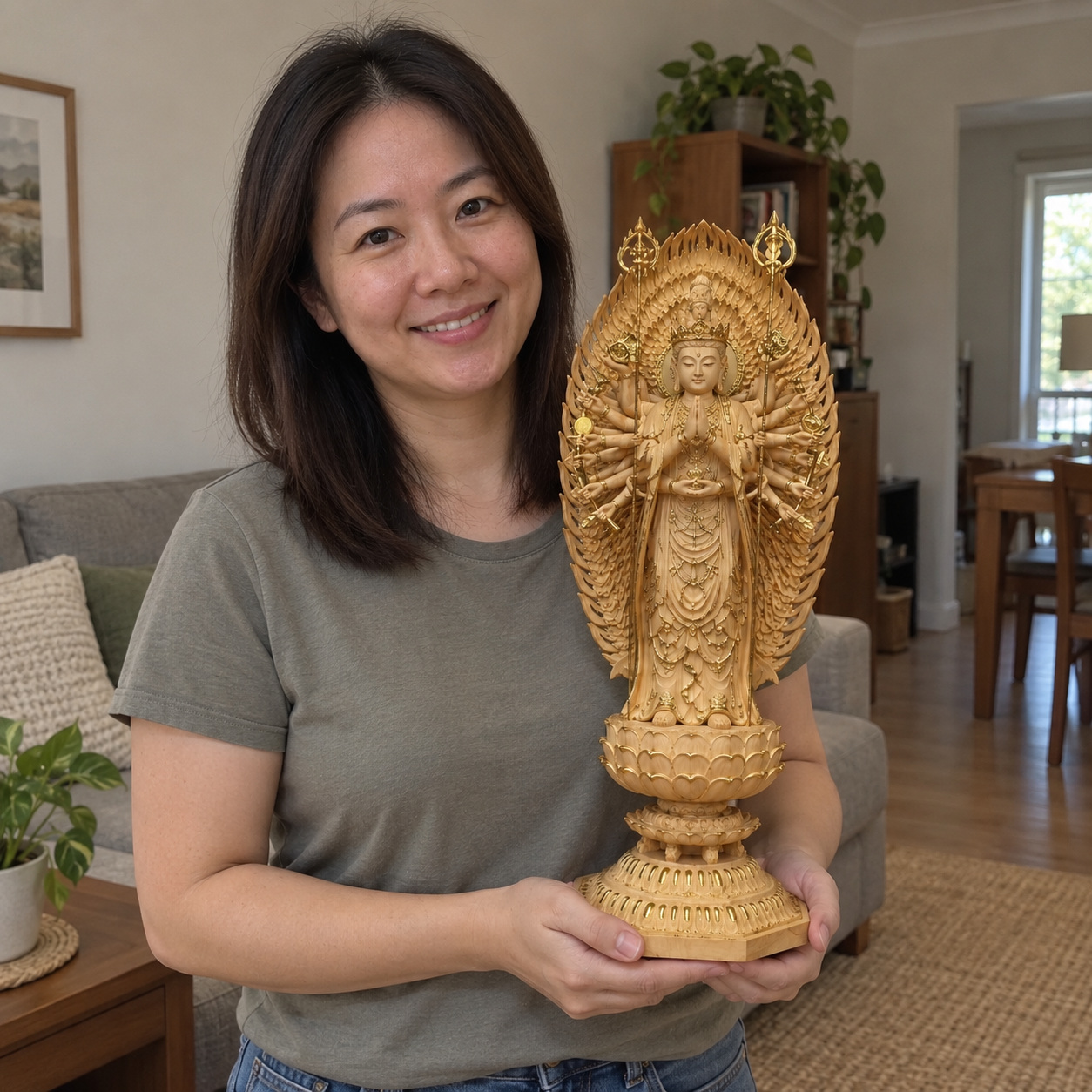 Multi-Armed Guanyin Hinoki Wood Statue with Gold-Leaf Details – 45 cm held in a home setting