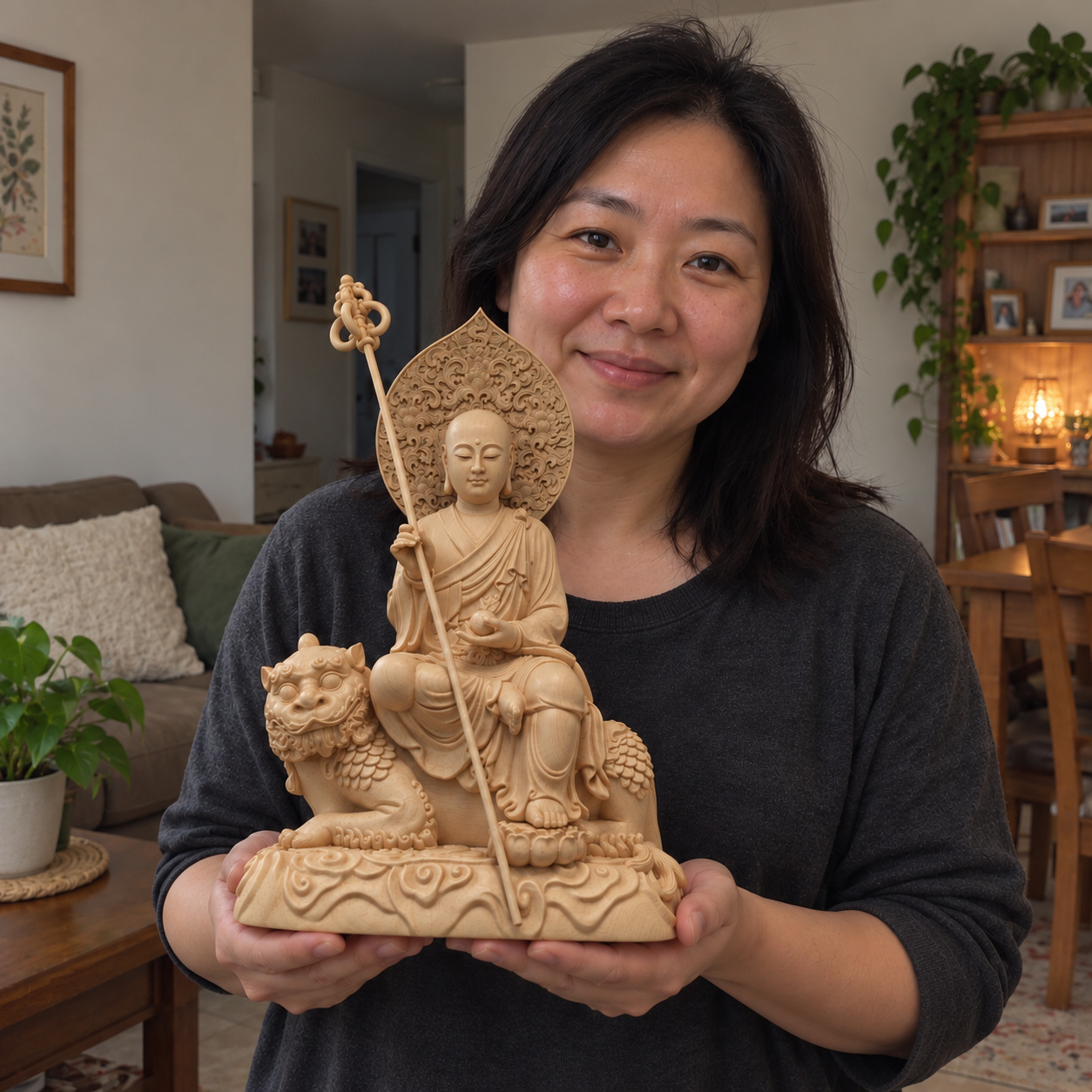 Ksitigarbha Dizang Wang Hinoki Wood Statue on Lion – 32 cm held in a home setting