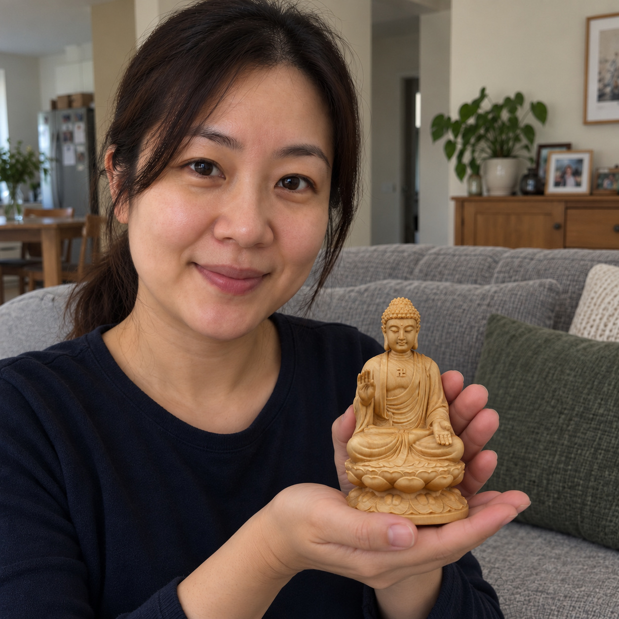 Woman holding the NEXT015 Shakyamuni Buddha statue
