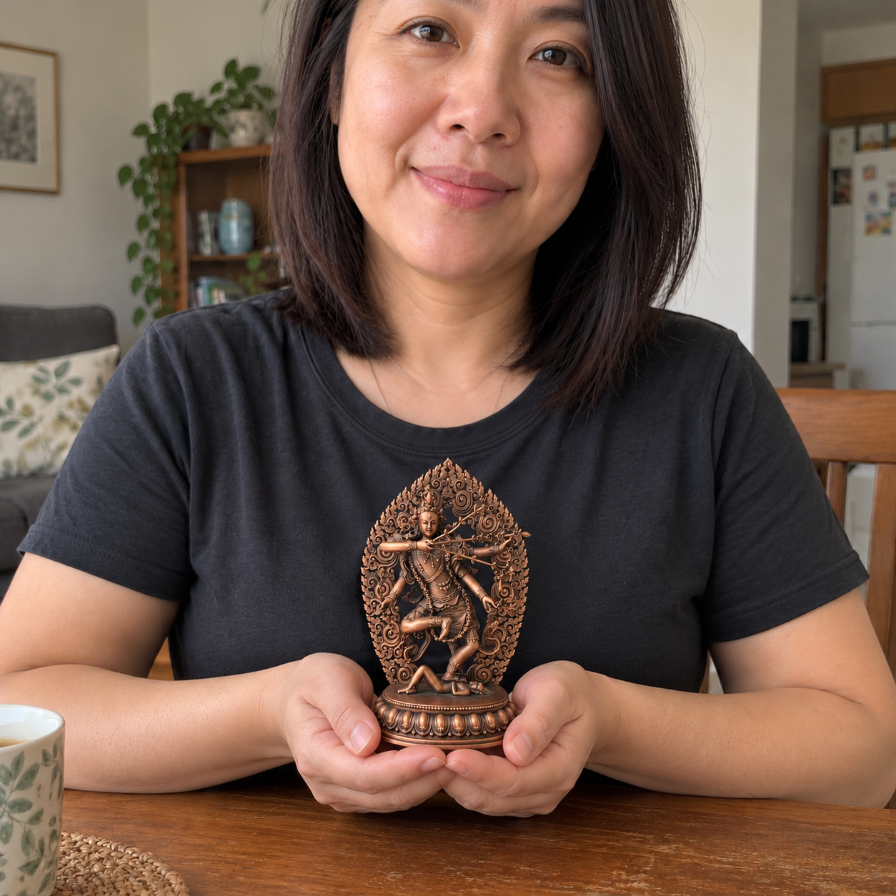 Kurukulle Red Tara Red-Copper Statue – Protection and Courage, 15 cm held in a home setting