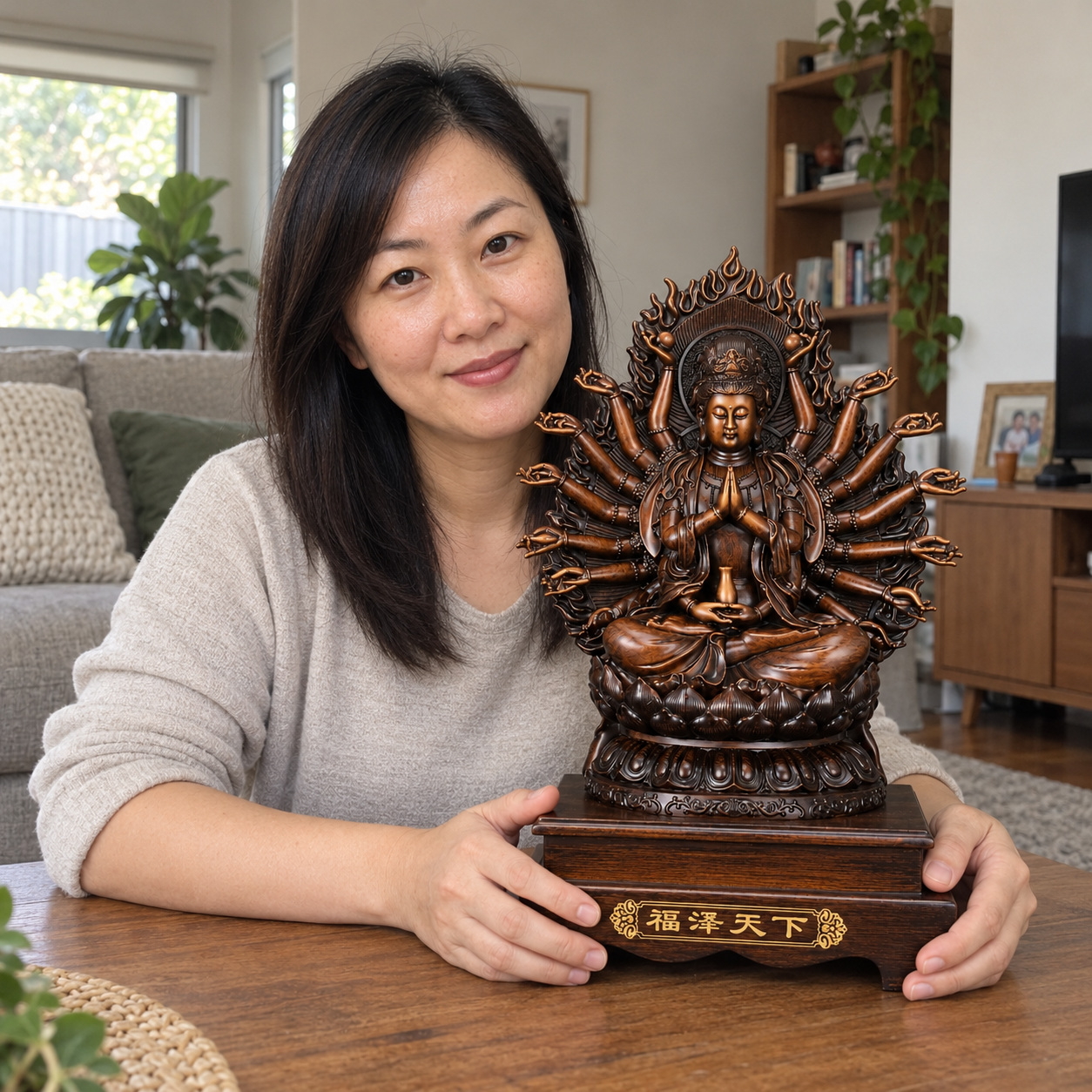 A woman presenting the Thousand-Hand Guanyin statue