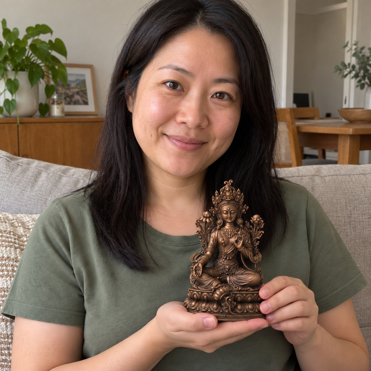 Green Tara Copper Statue – Protection & Courage 15 cm lifestyle image in a Chinese Australian home