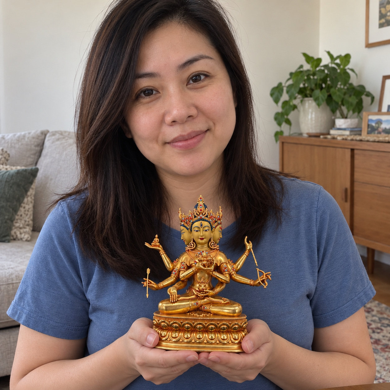 Namgyalma Usnisa Vijaya Copper Statue – Longevity and Protection 16 cm held in a home setting