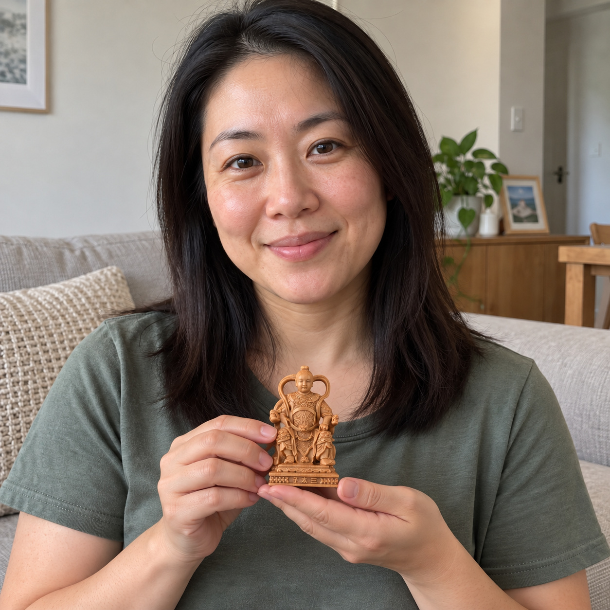 Hand-carved wood Marshal Nezha Third Prince statue held in a Chinese Australian home 10 cm