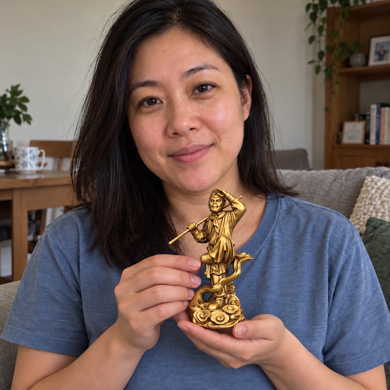 Qitian Dasheng (齐天大圣) Copper-Finish Statue – Courage & Protection · 15.5 cm held by a woman in an Australian home