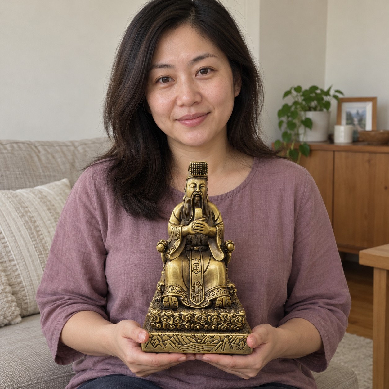 Jade Emperor (天公) Gold-Finish Statue – Protection & Good Fortune · 30 cm held by a woman in an Australian home
