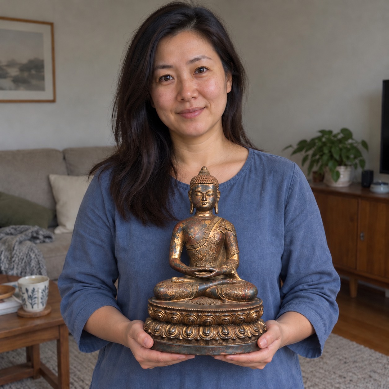 Shakyamuni Buddha (释迦牟尼佛) Copper Statue – Peace & Wisdom · 29.5 cm held by a woman in an Australian home