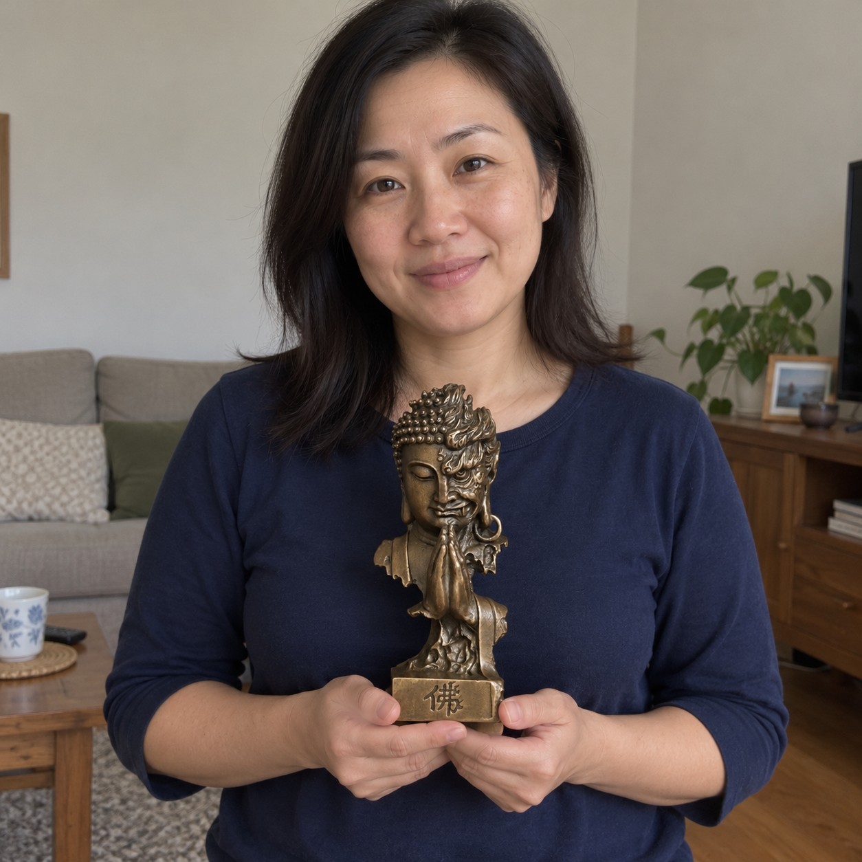 Buddha Duality Art Sculpture (佛魔一念间) – 20 cm held by a woman in an Australian home