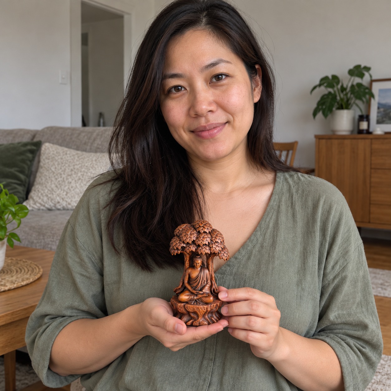 Ru Lai Buddha 如来佛 under-tree boxwood statue in a home setting
