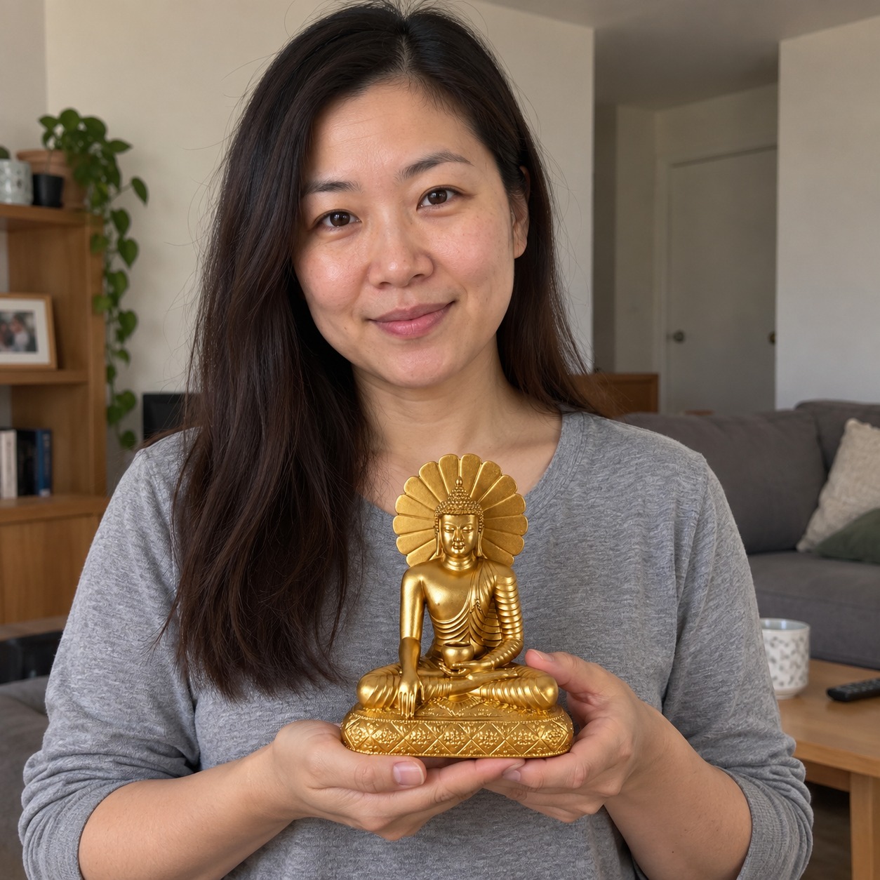 Sakyamuni Buddha 释迦牟尼佛 gold resin statue in a home setting