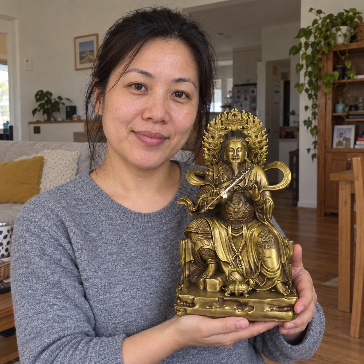 Zhenwu Emperor 真武大帝 old brass statue in a home setting