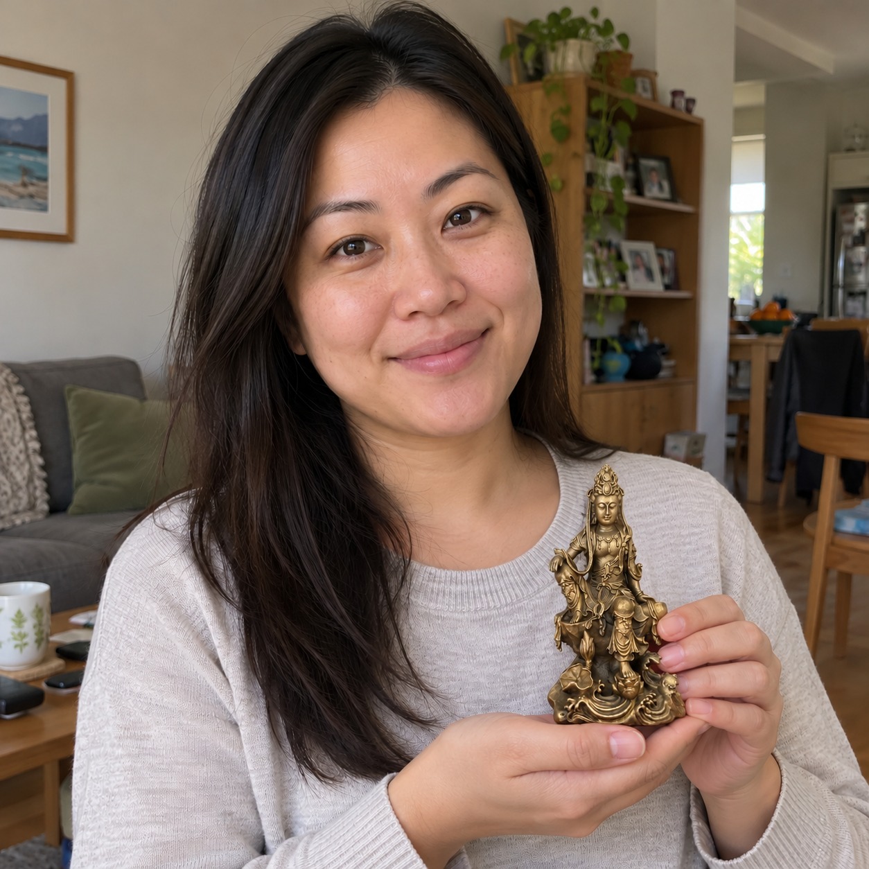 Guanyin 观音菩萨 antique bronze statue in a home setting